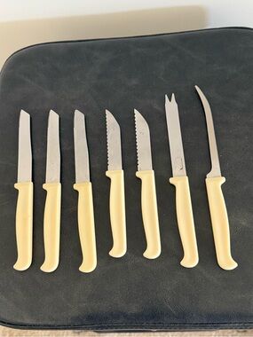 Vintage Quikut Ivory Serrated Knives - USA Stainless with Bakelite Handles